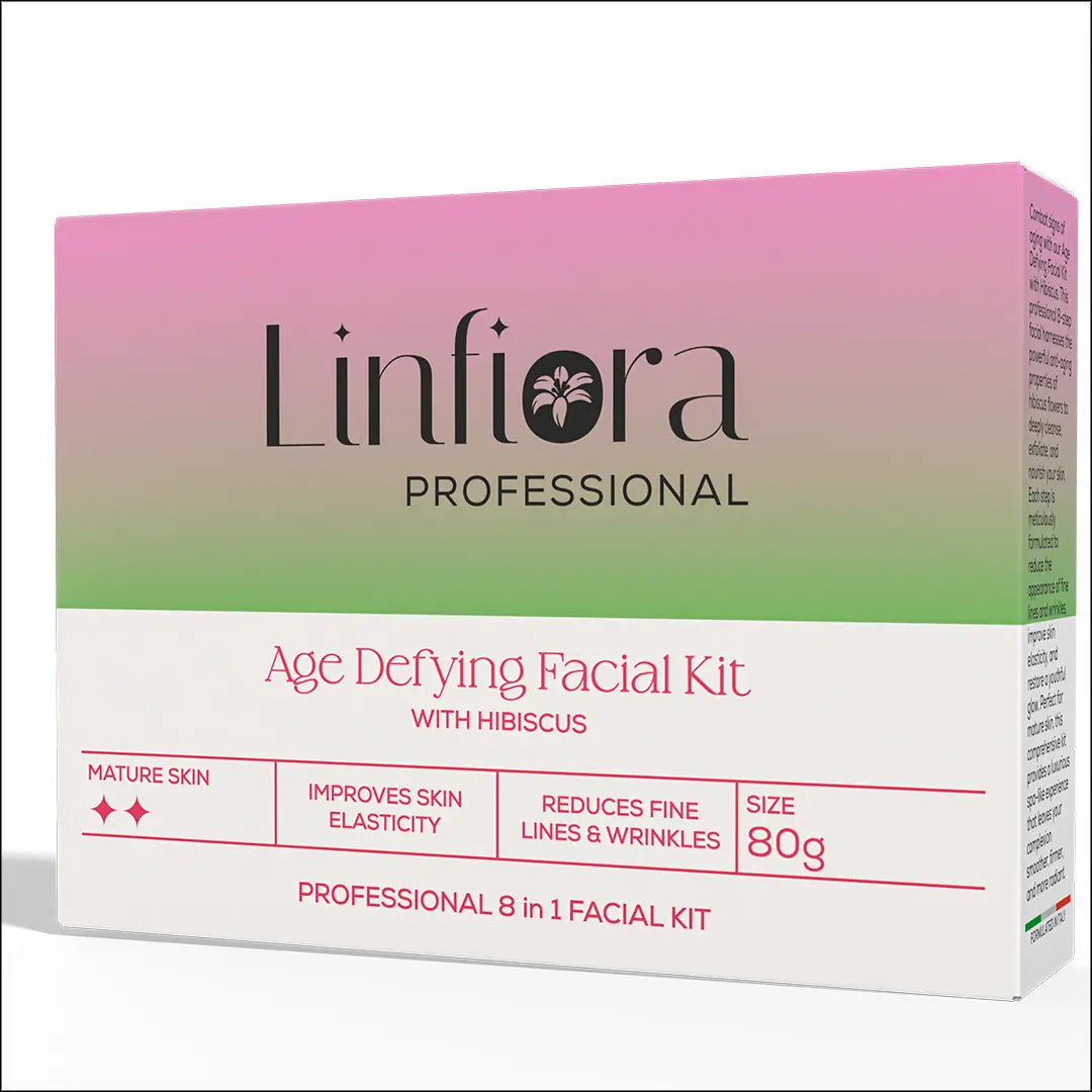 A professional skincare product box for 'Linfiora Professional Age Defying Facial Kit with Hibiscus'. The packaging features a pink-to-green gradient top half and a white bottom half with red and black text detailing the kit's benefits and size (80g).