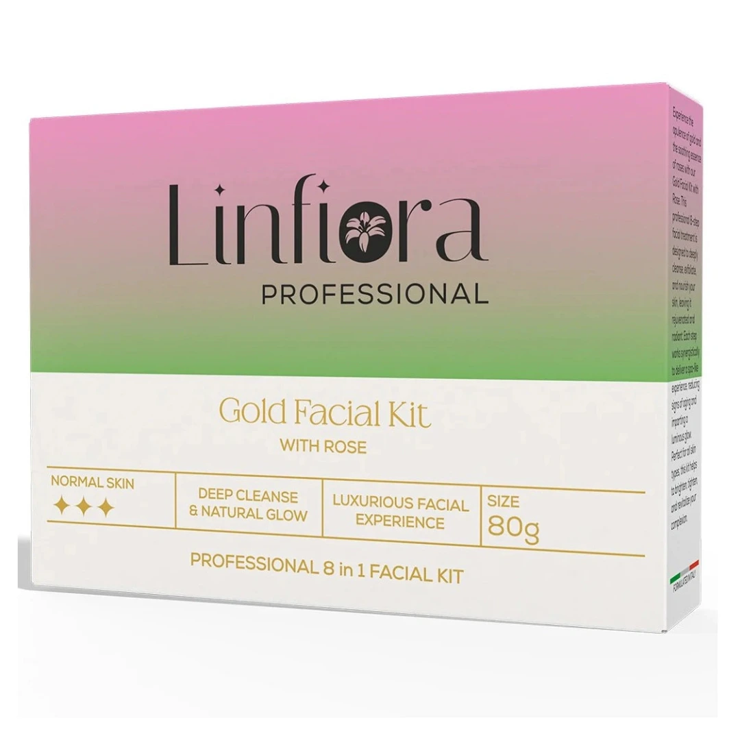 A box of Linfiora Professional Gold Facial Kit with Rose, featuring a pink-to-green gradient top half and a white bottom half with gold text.