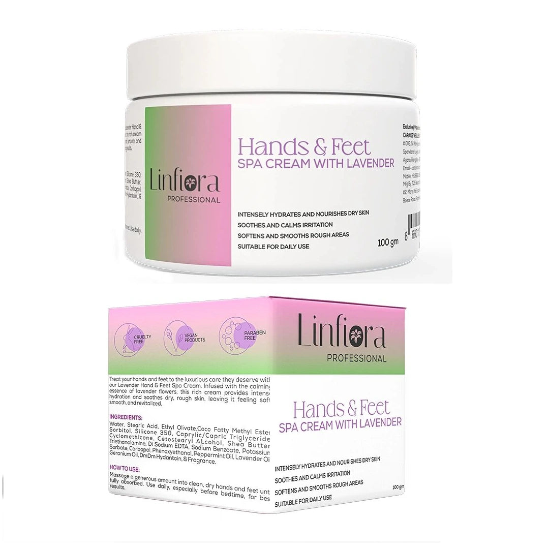 A white plastic jar of Linfiora Professional Hands & Feet Spa Cream with Lavender, shown above its matching pink and white retail box on a plain white background.