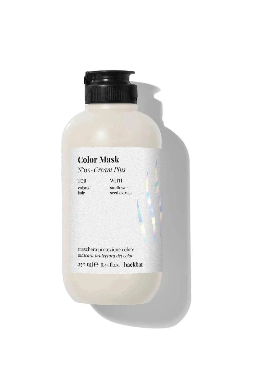 A 250 ml bottle of backbar Color Mask No.05-Cream Plus hair color protection cream, featuring a white bottle, black pump, and a white label with subtle iridescent leaf graphics, set against a clean white background with a soft shadow.