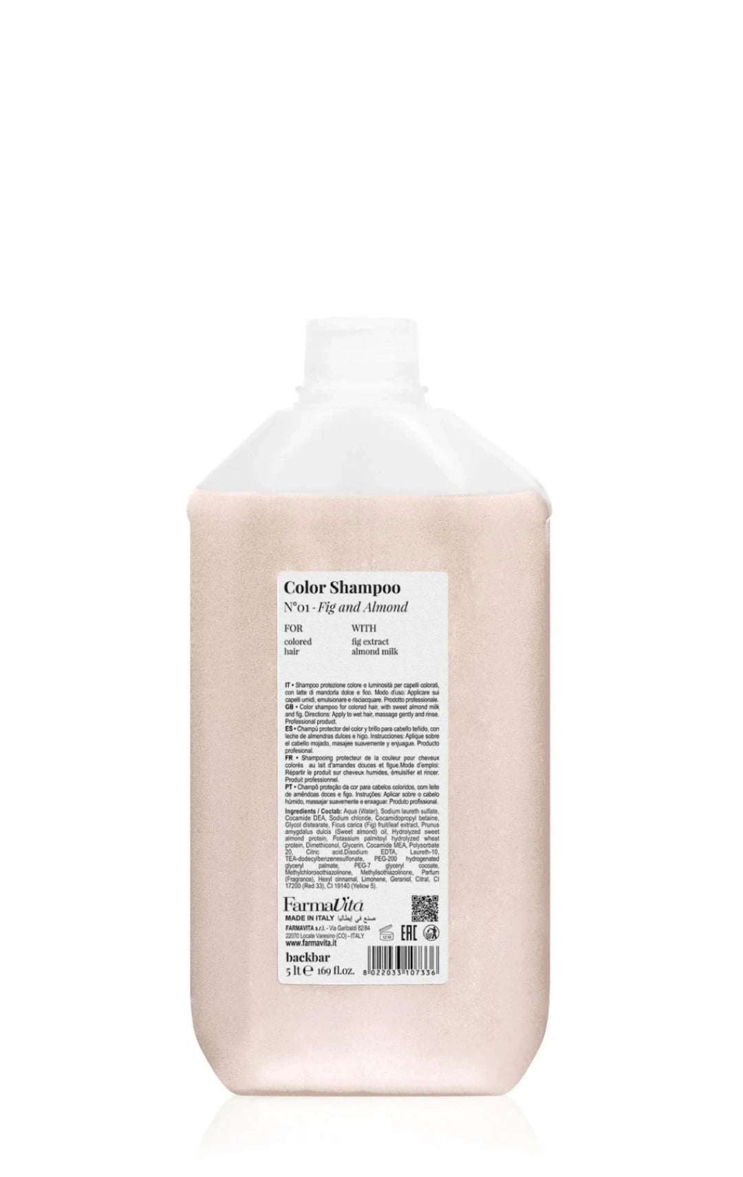 A large plastic bottle of Furmed Bio Color Shampoo in the shade Nyn, featuring a pale pink liquid inside and a white label with black text, set against a plain white background.