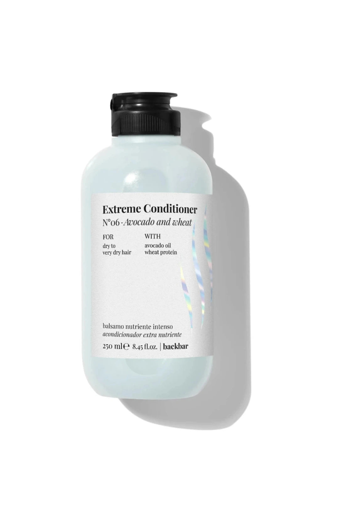 A bottle of Backbar Extreme Conditioner with a black pump dispenser, set against a clean white background with a soft shadow.