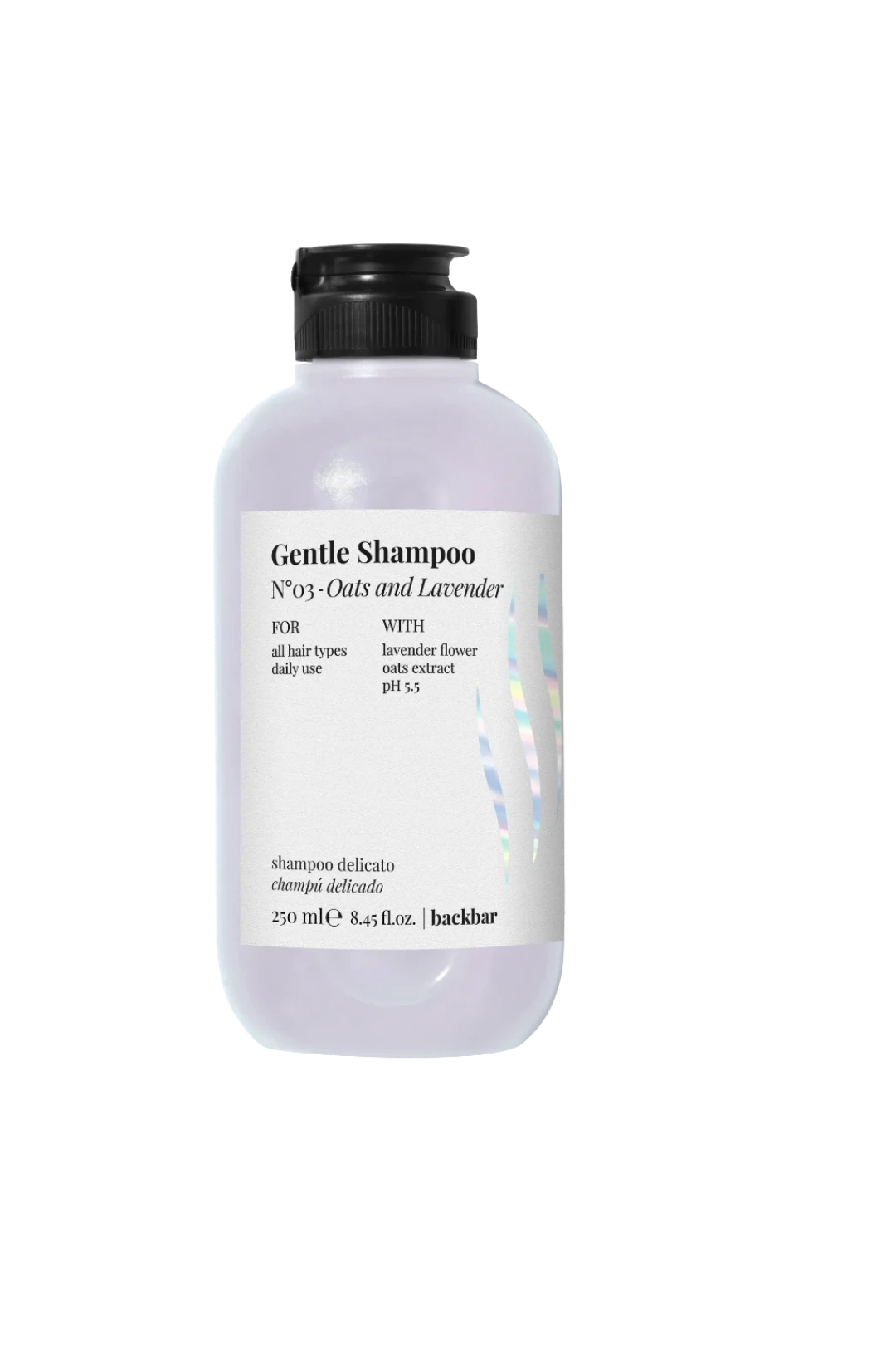 A 250 ml bottle of backbar Gentle Shampoo with 'Noy-Ois and Lavender' scent, featuring a translucent lavender-colored bottle, white label, and black cap, set against a plain white background.
