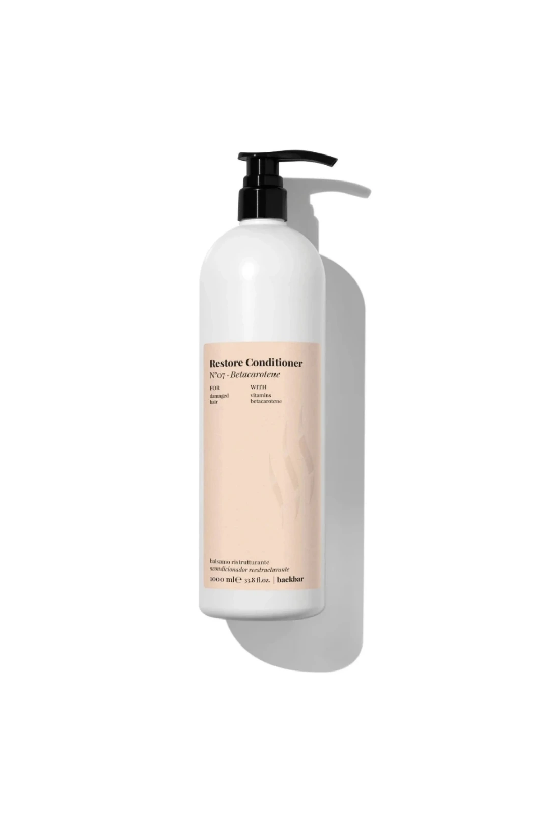 A white bottle of Backbar Restore Conditioner with a black pump dispenser and a peach-colored label, set against a clean white background with a soft shadow.