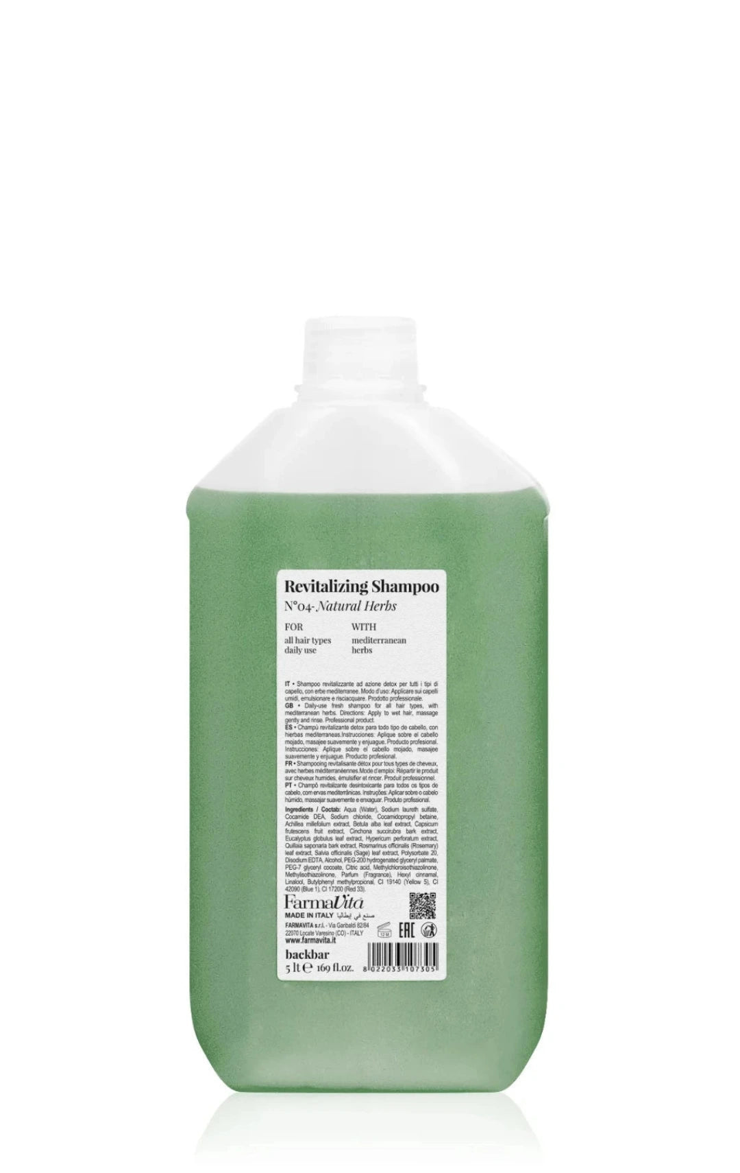 A large translucent green bottle of Farmed by Farrow Revitalizing Shampoo with a white cap and white label, set against a plain white background.