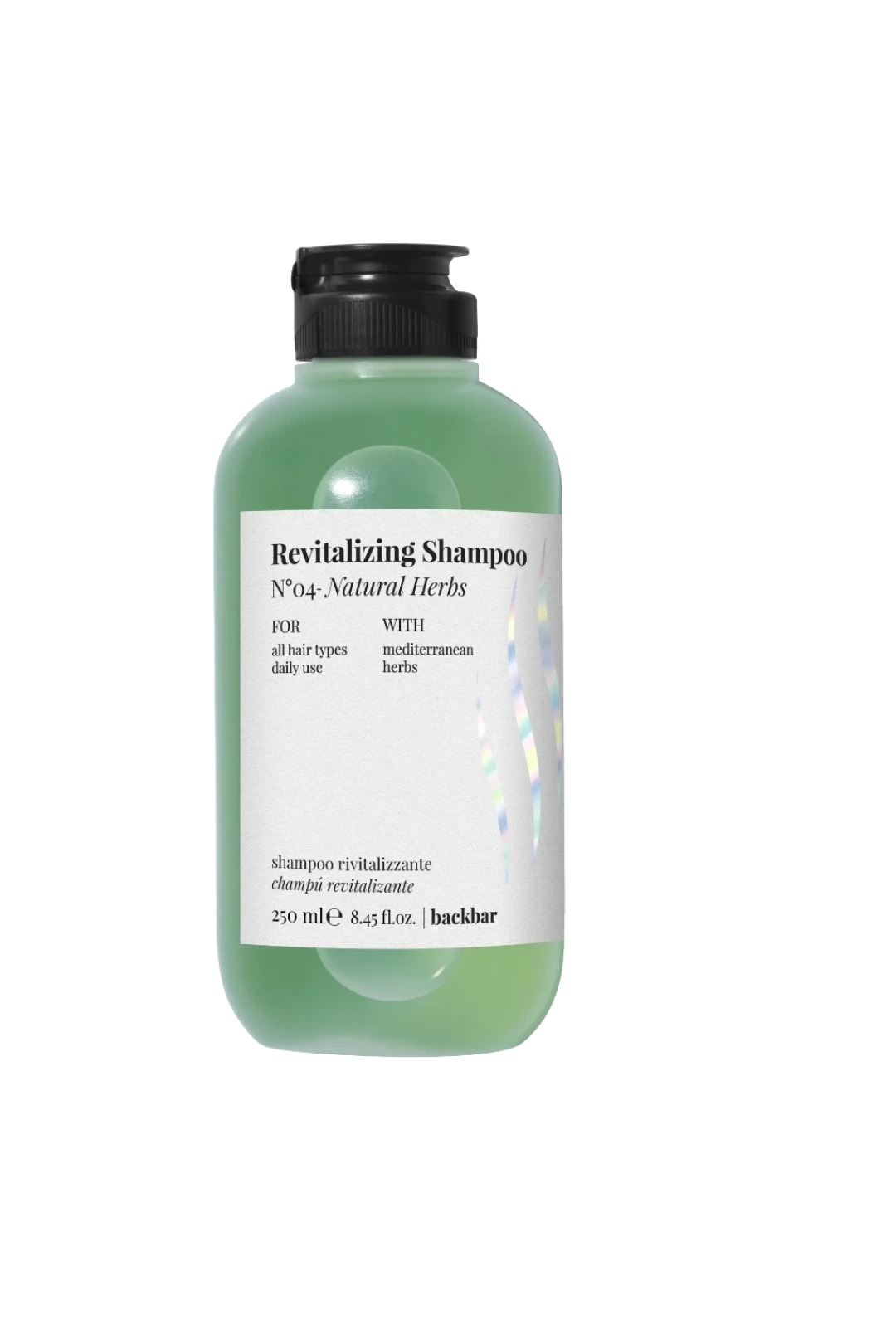A bottle of backbar Revitalizing Shampoo with a black cap and a white label, containing a light green liquid, shown on a plain white background.