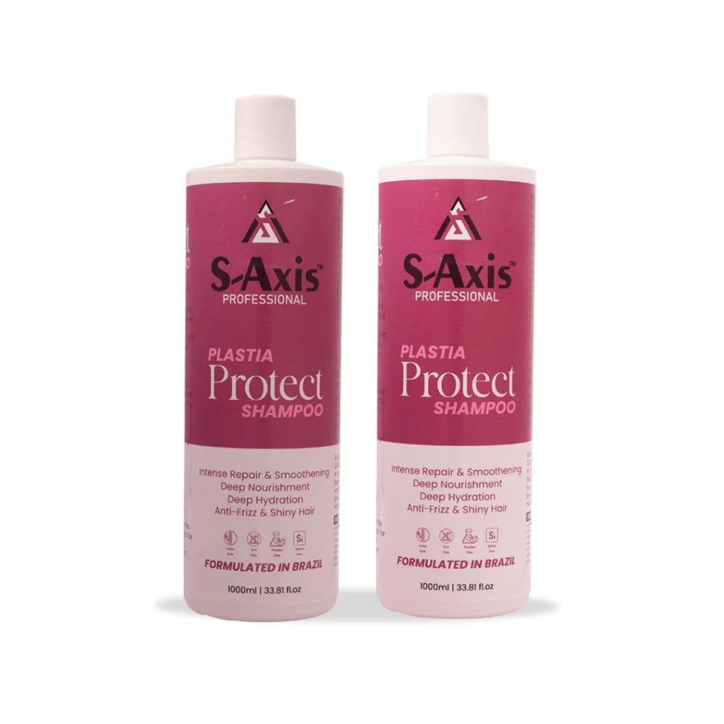 Two bottles of S-Axis Professional Plastia Protect Shampoo side by side on a white background.