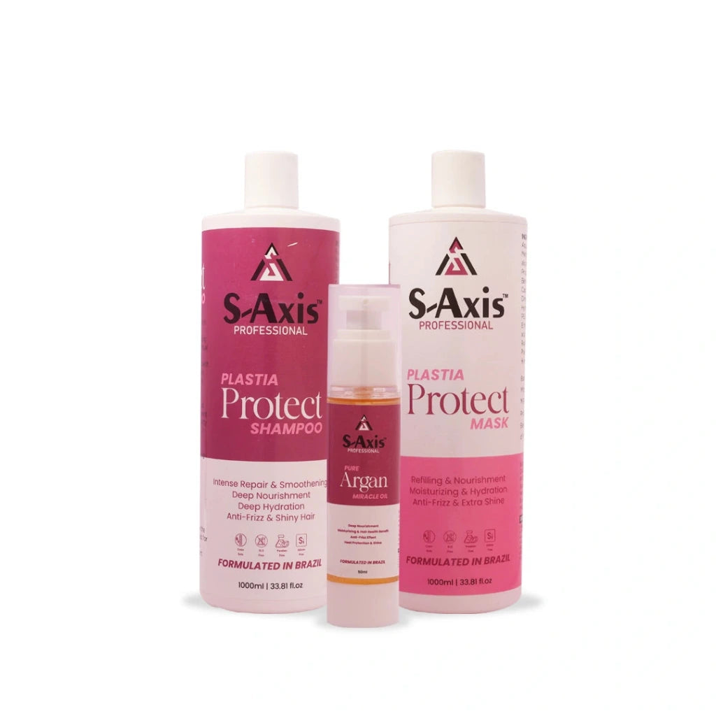 S-Axis Professional Plastia Protect hair care set featuring a shampoo bottle, a mask bottle, and an argan oil spray bottle on a white background.