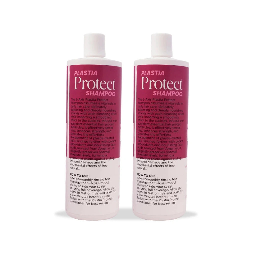 Two bottles of Plasta Protect Shampoo side by side on a white background, showing the pink and white labels and white caps.