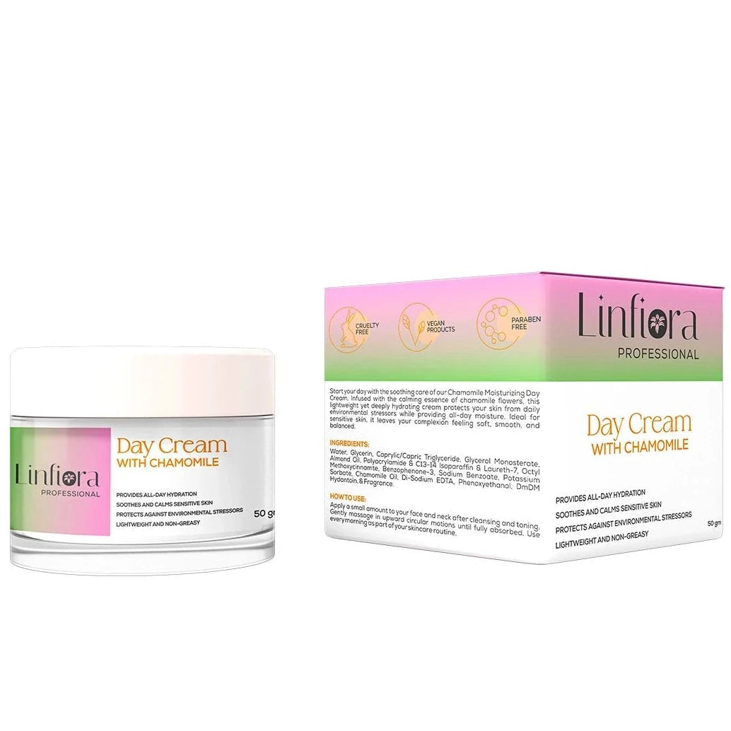 Linfiora Professional Day Cream with Chamomile shown as a clear jar with a white lid next to its pink and white retail box on a white background.