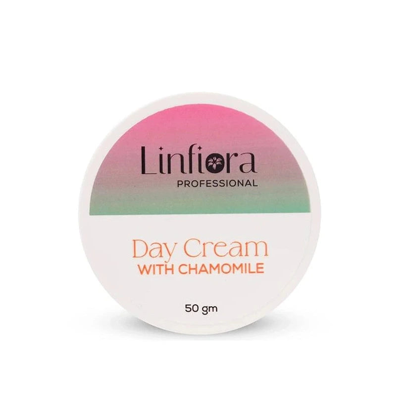 A round white cosmetic jar lid for Linfiora Professional Day Cream with Chamomile, featuring a pink-to-green gradient top section and orange text, on a white background.