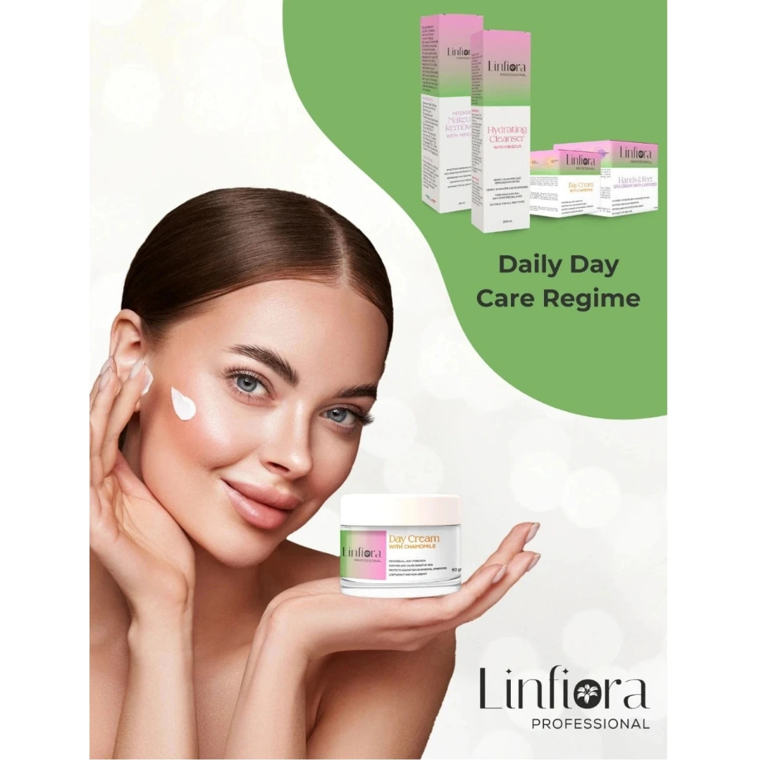 A beauty advertisement featuring a woman holding a jar of Linfiora Day Cream with a white cream smear on her cheek, alongside product boxes and the text 'Daily Day Care Regime' on a green and white background.