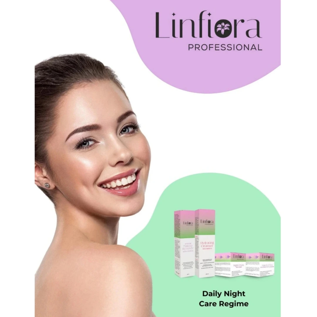 Promotional graphic for Linfiora Professional skincare featuring a smiling woman on the left, the brand name in a purple shape at the top right, and small product boxes labeled 'Daily Night Care Regime' on a mint green shape at the bottom right.