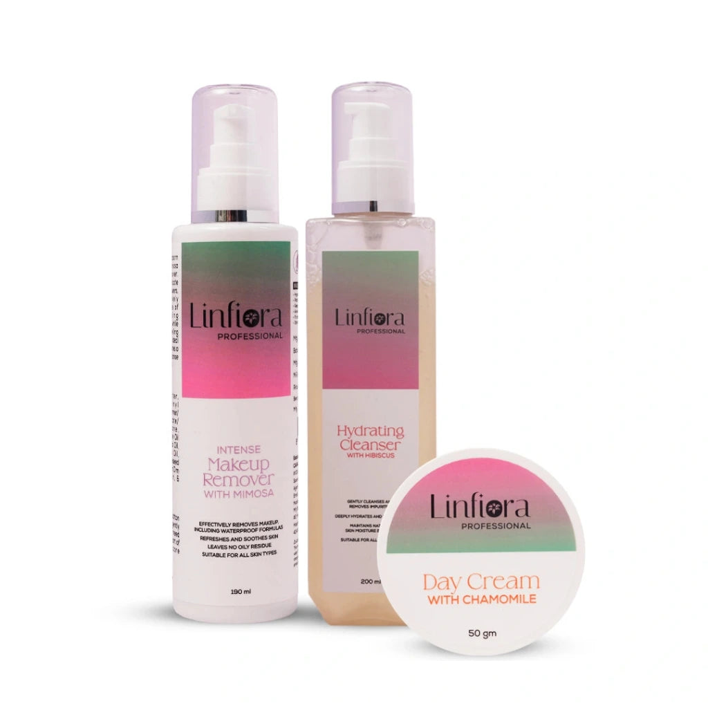 Three Linfiora Professional skincare products on a white background: Intense Makeup Remover with Minoxidil, Hydrating Cleanser, and Day Cream with Chamomile.