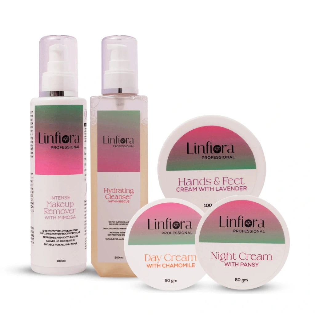 A set of five Linfiora Professional skincare products arranged on a white background, including two pump bottles, two jars, and one round tin. The products feature a white and pink color scheme with a green-to-pink gradient label on the bottles and jars.