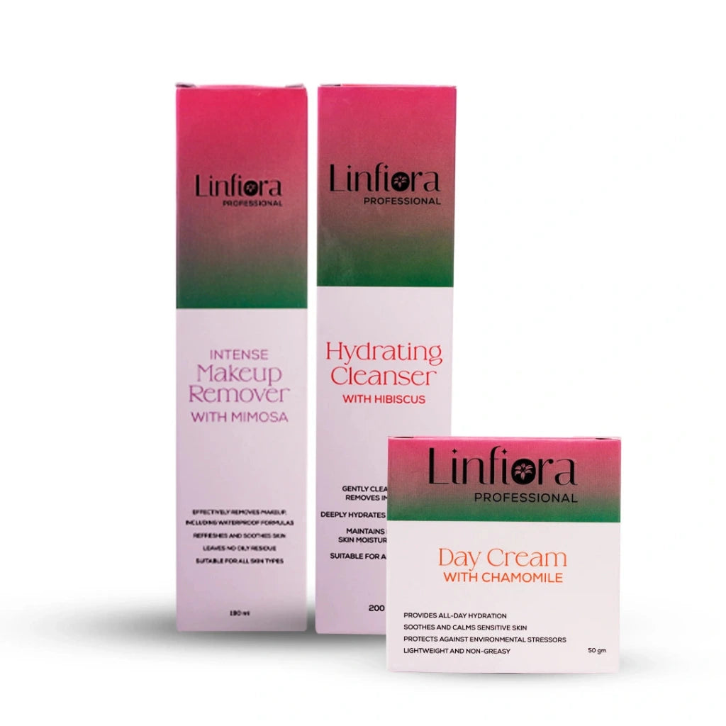 Three cosmetic product boxes from Linfiora Professional on a white background: Intense Makeup Remover with Mimosa, Hydrating Cleanser with Hibiscus, and Day Cream with Chamomile.