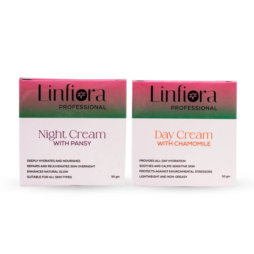 Two Linfiora Professional skincare boxes on a white background: Night Cream with Pansy on the left and Day Cream with Chamomile on the right.