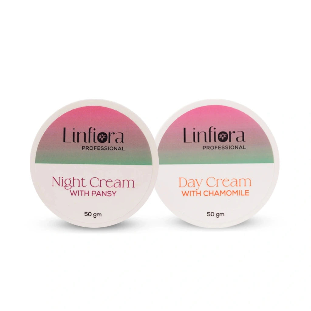 Two round white jars of Linfiora Professional skincare cream, labeled 'Night Cream WITH PANSY' and 'Day Cream WITH CHAMOMILE', on a white background.