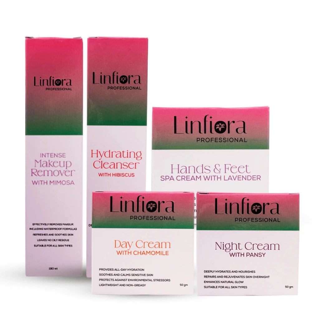 A set of Linfiora Professional skincare products including makeup remover, hydrating cleanser, hands and feet spa cream, day cream, and night cream, arranged on a plain white background.
