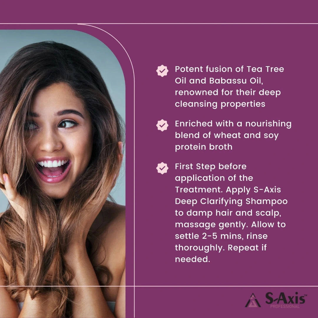 Promotional graphic for S-Axis Professional hair treatment. The left side features a smiling woman with long, dark brown hair, while the right side has a purple background with white text detailing the benefits of a tea tree and babassu oil blend enriched with wheat and soy protein broth, and instructions on how to apply S-Axis Deep Clarifying Shampoo.