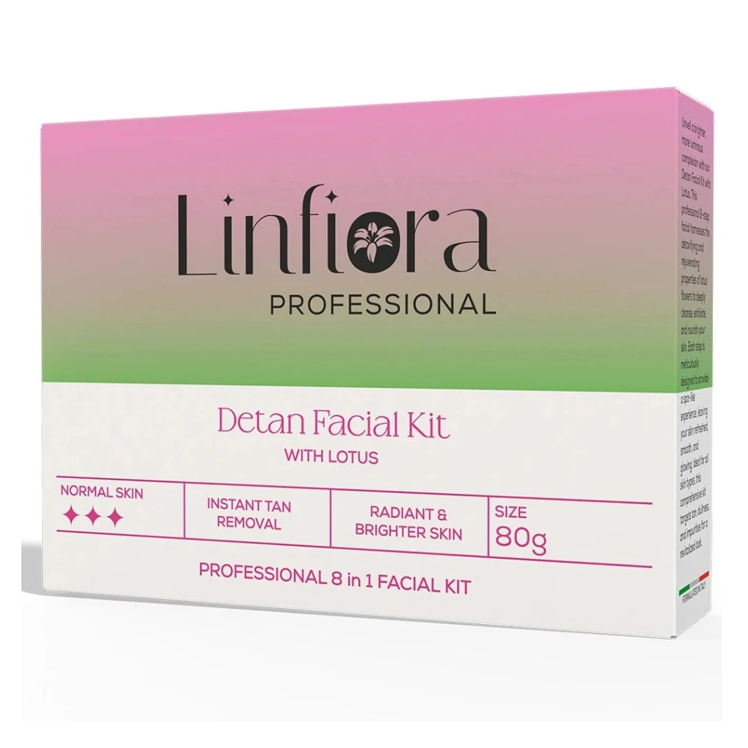 Linfiora Professional Detan Facial Kit with Lotus in a rectangular box with a pink-to-green gradient top section and a white lower section, shown on a light gray background.