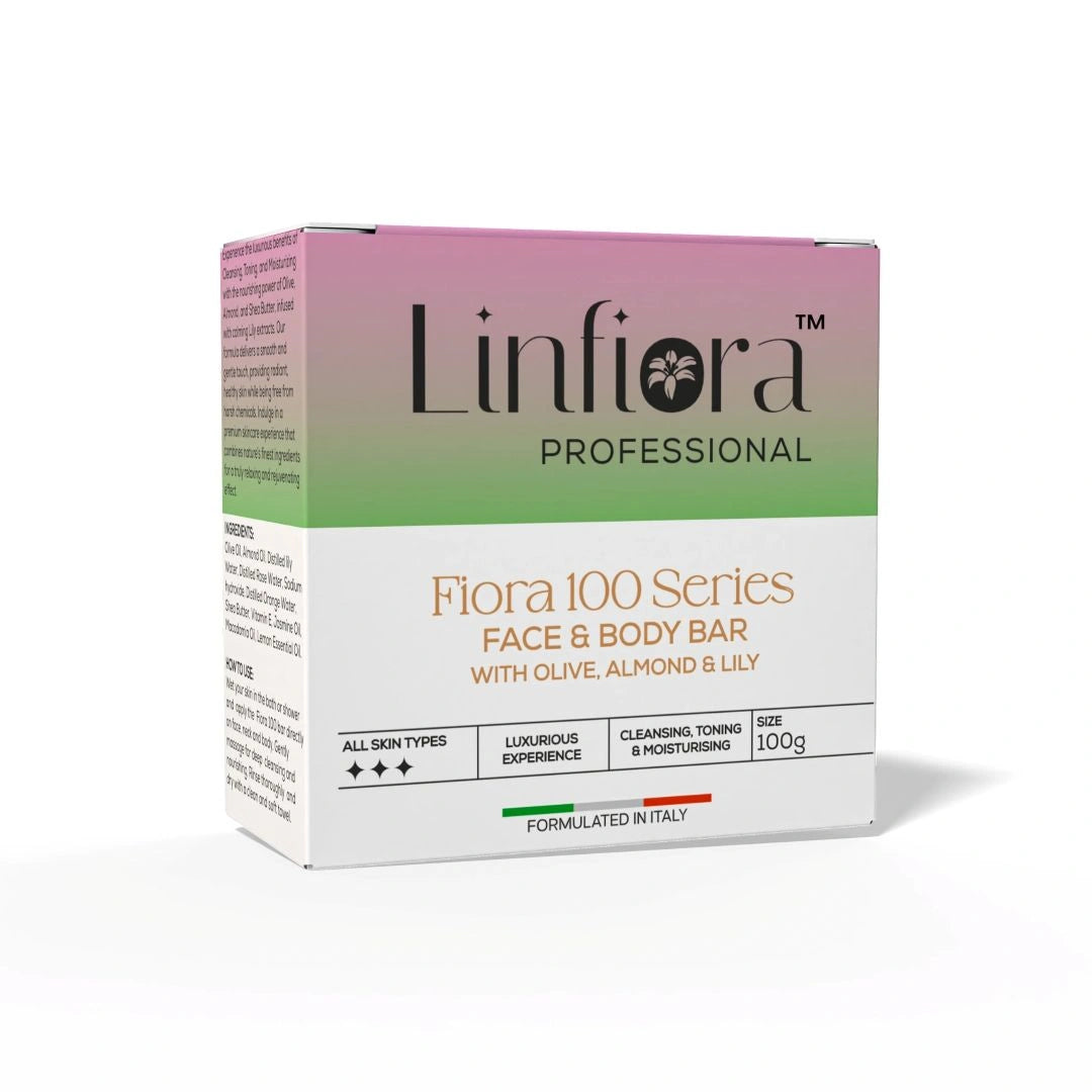 A box of Linfiora Professional Flora 100 Series Face & Body Bar, featuring a pink-to-green gradient top and a white lower section with product details, set against a plain white background.