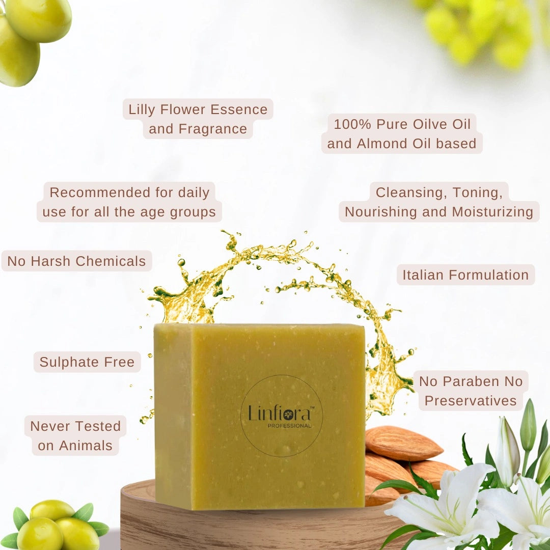 A rectangular bar of olive green soap centered on a wooden block, surrounded by floating text callouts about ingredients and benefits, with olives, almonds, lily flowers, and a splash of olive oil in a clean white setting.