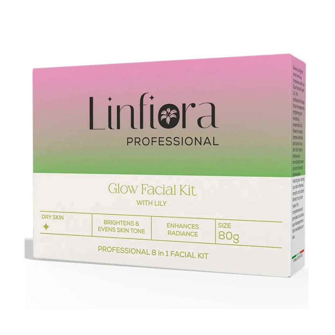 A box of Linfiora Professional Glow Facial Kit with Lily, featuring a pink-to-green gradient top half and a cream-colored bottom half with gold text and line details.