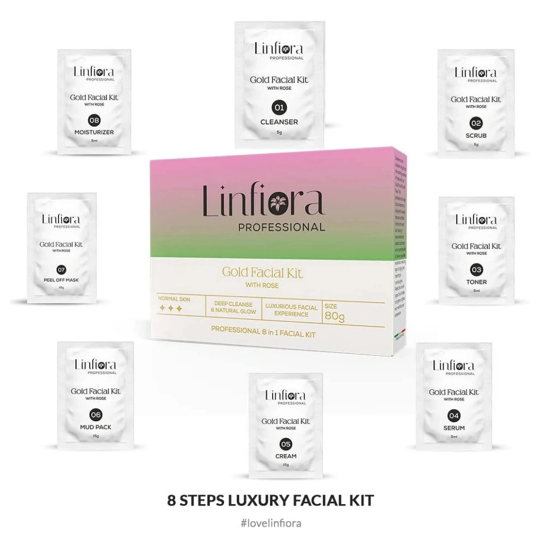 Linfora Professional Gold Facial Kit set with a pink-to-green gradient box and multiple individual sachets arranged around it on a white background, with text reading '8 STEPS LUXURY FACIAL KIT' below.