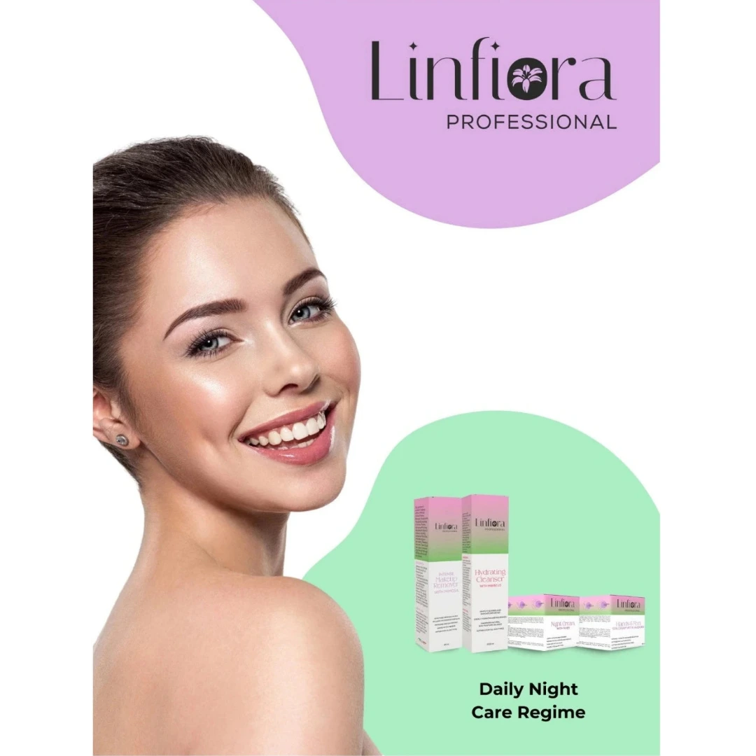 Promotional graphic for Linfiora Professional skincare featuring a smiling woman on the left and several small skincare bottles and boxes on the right, with the text 'Linfiora Professional' and 'Daily Night Care Regime' on a white background with purple and mint green abstract shapes.