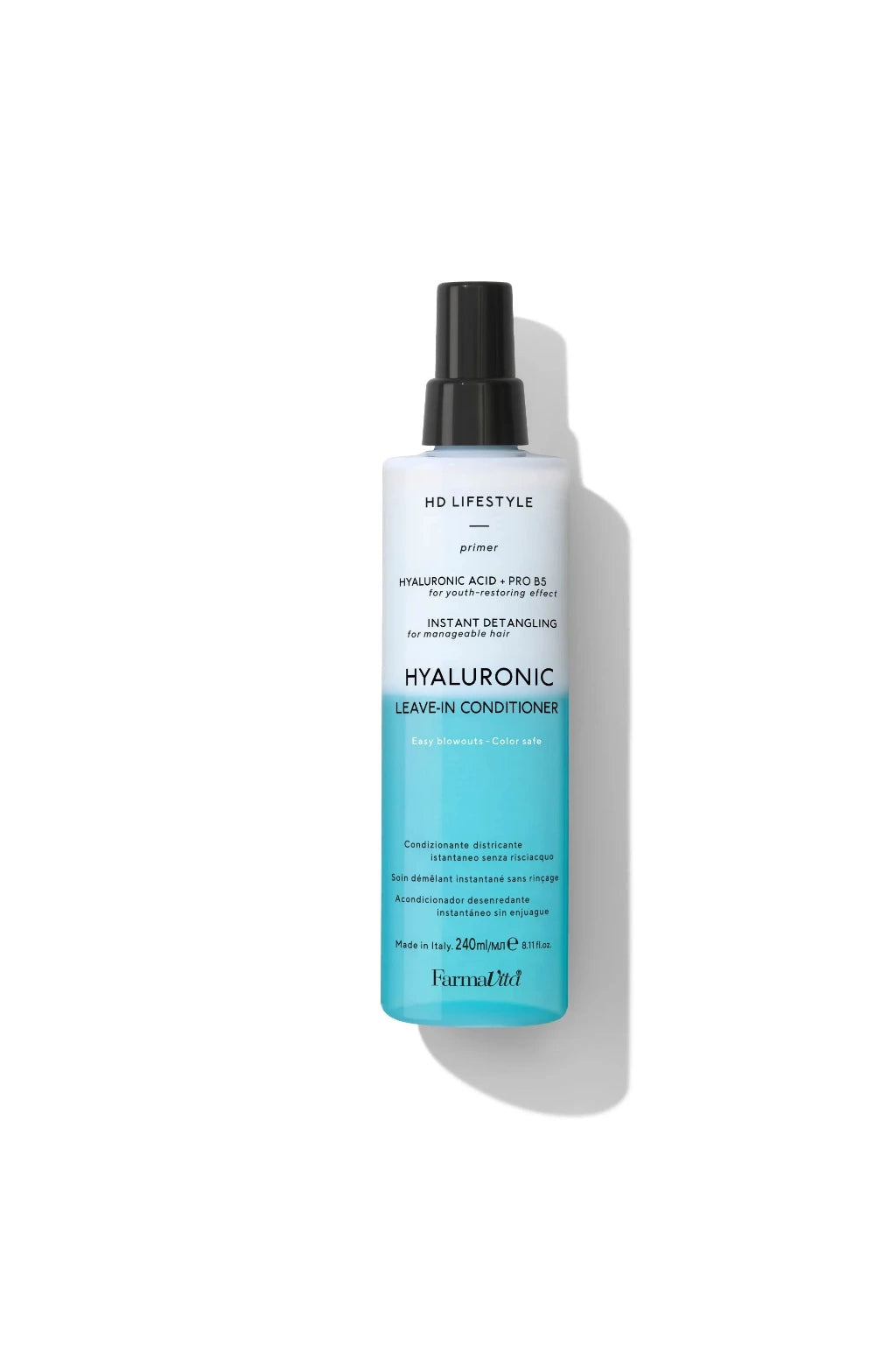 A bottle of Furfural7 HD Lifestyle Hyaluronic Leave-In Conditioner with a black spray nozzle and a white-to-turquoise gradient label, set against a clean white background with a soft shadow.