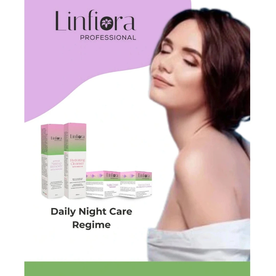 Promotional graphic for LINFiORA Professional Daily Night Care Regime, featuring a woman with closed eyes on the right and several skincare product boxes on the left against a white background with purple and green graphic elements.