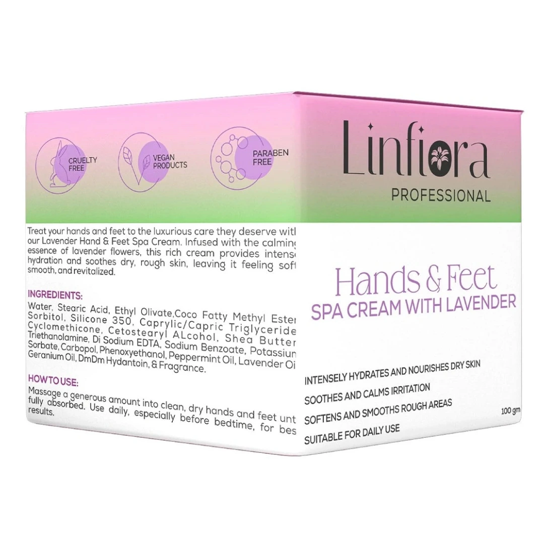 A box of Linfiora Professional Hands & Feet Spa Cream with Lavender, featuring a pink and green gradient top half and white bottom half with product details.