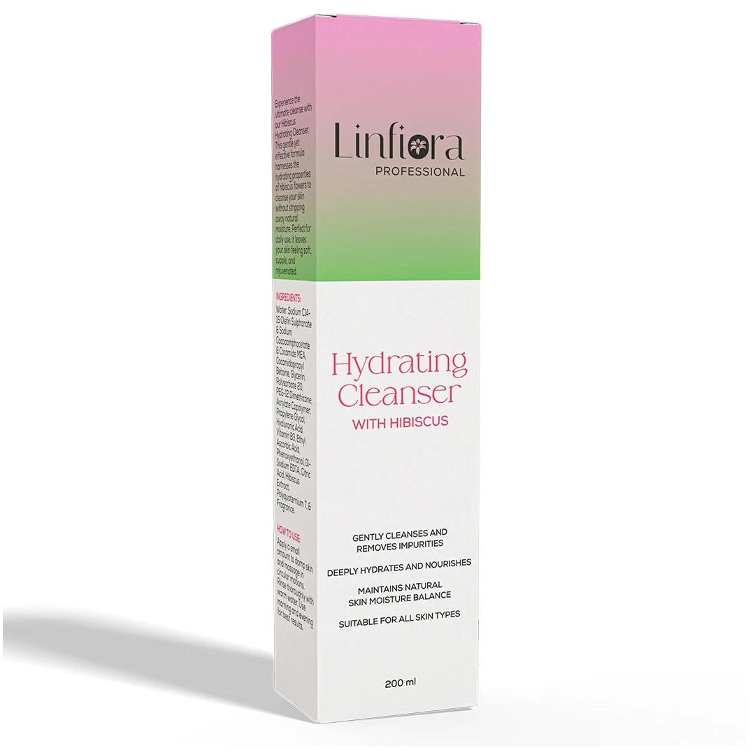 A tall rectangular product box for Linfiora Professional Hydrating Cleanser with Hibiscus, featuring a pink-to-green gradient top section and a white lower section with pink and black text, shown on a light gray background.