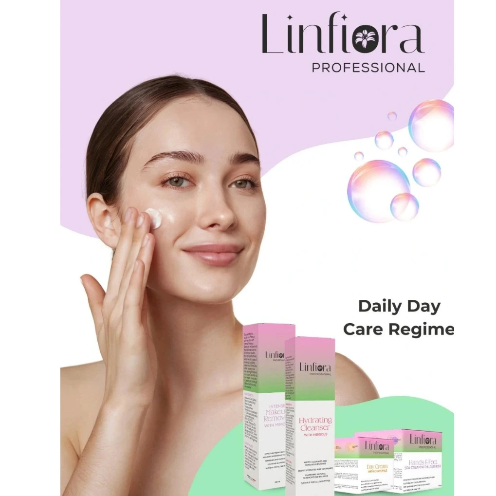 A woman with smooth skin applies cream to her face, with Linfiora Professional branding and several skincare bottles shown in a pastel promotional layout. Text reads 'Daily Day Care Regime'.