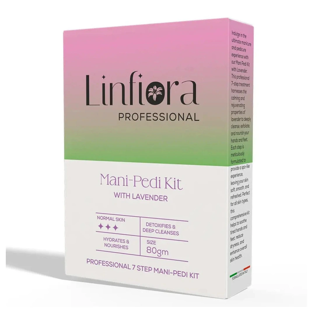 A box of Linfiora Professional Mani-Pedi Kit with Lavender, featuring a pink-to-green gradient top half and a white bottom half with purple text.