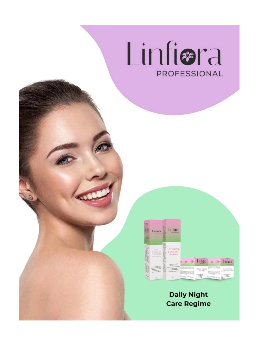 Promotional graphic for Linfiora Professional skincare featuring a smiling woman on the left, the brand name in a purple shape at the top right, and small product boxes labeled 'Daily Night Care Regime' on a mint green shape at the bottom right.