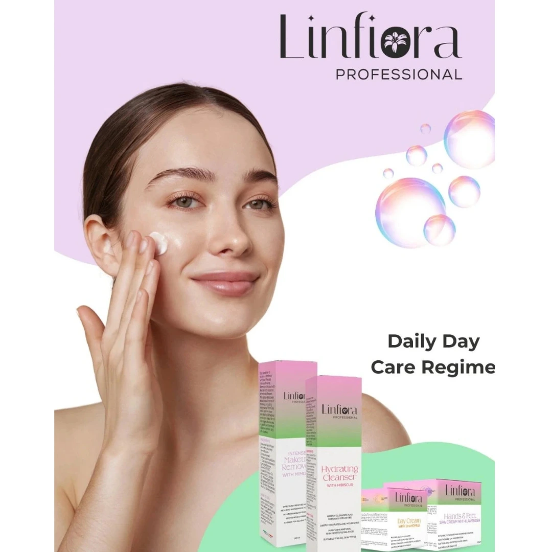 A woman with smooth skin applies cream to her face, with Linfiora Professional branding and several skincare bottles shown in a pastel promotional layout. Text reads 'Daily Day Care Regime'.