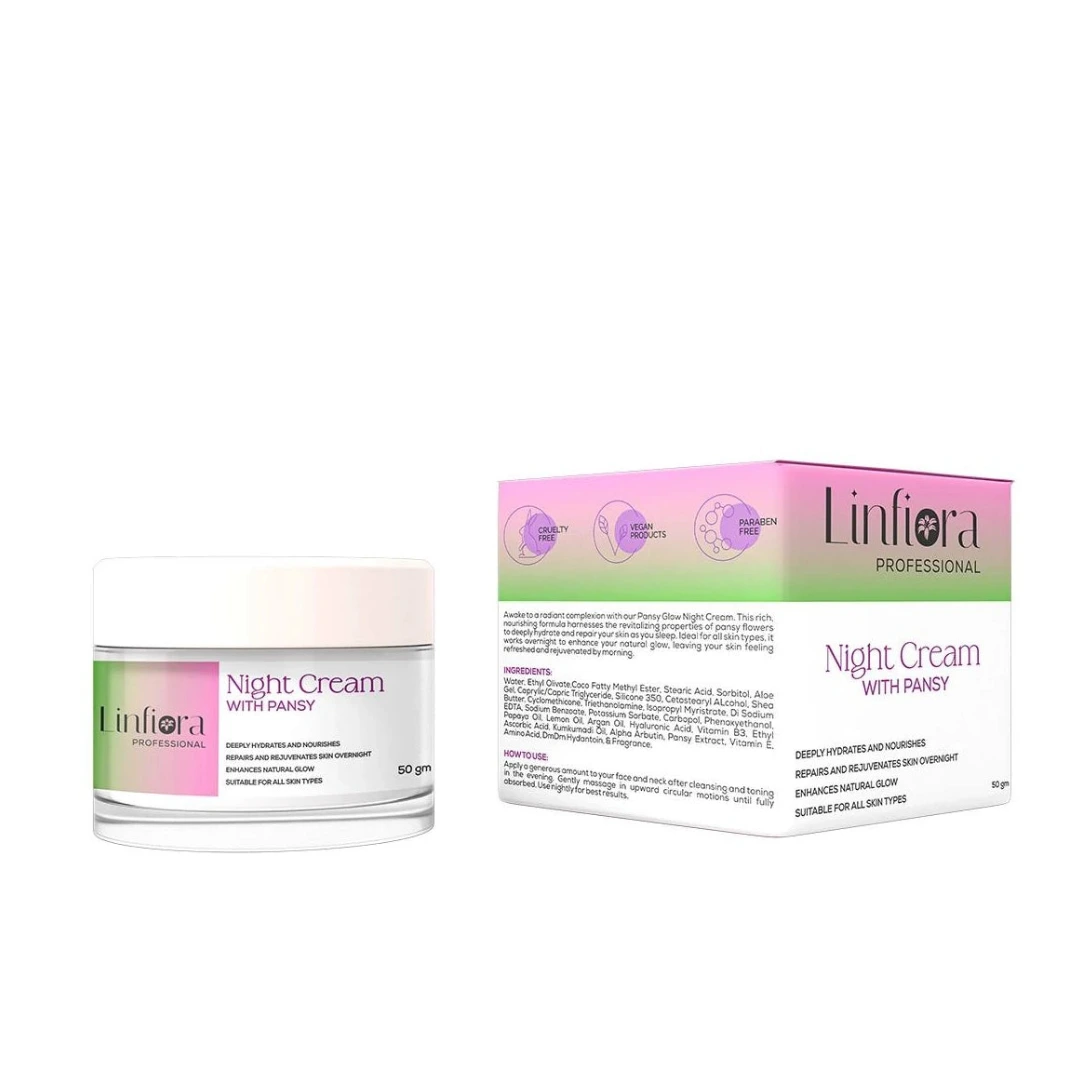 Linfiora Professional Night Cream with Pansy shown as a clear jar with a white lid next to its pink and green packaging box on a white background.