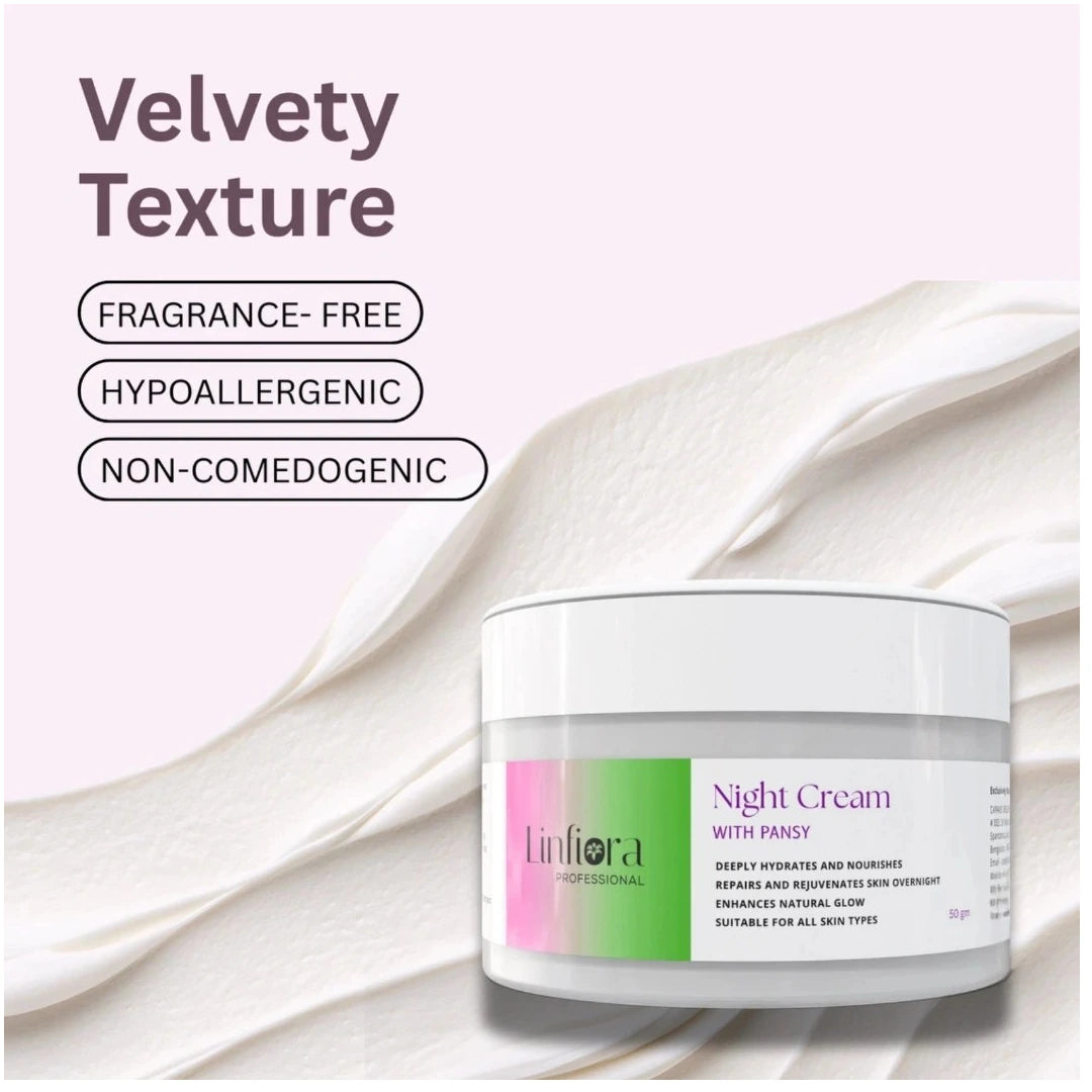 A jar of Linfiora Natural Night Cream with Pandy shown on a pale pink background with white cream swirls and text highlighting fragrance-free, hypoallergenic, and non-comedogenic qualities.