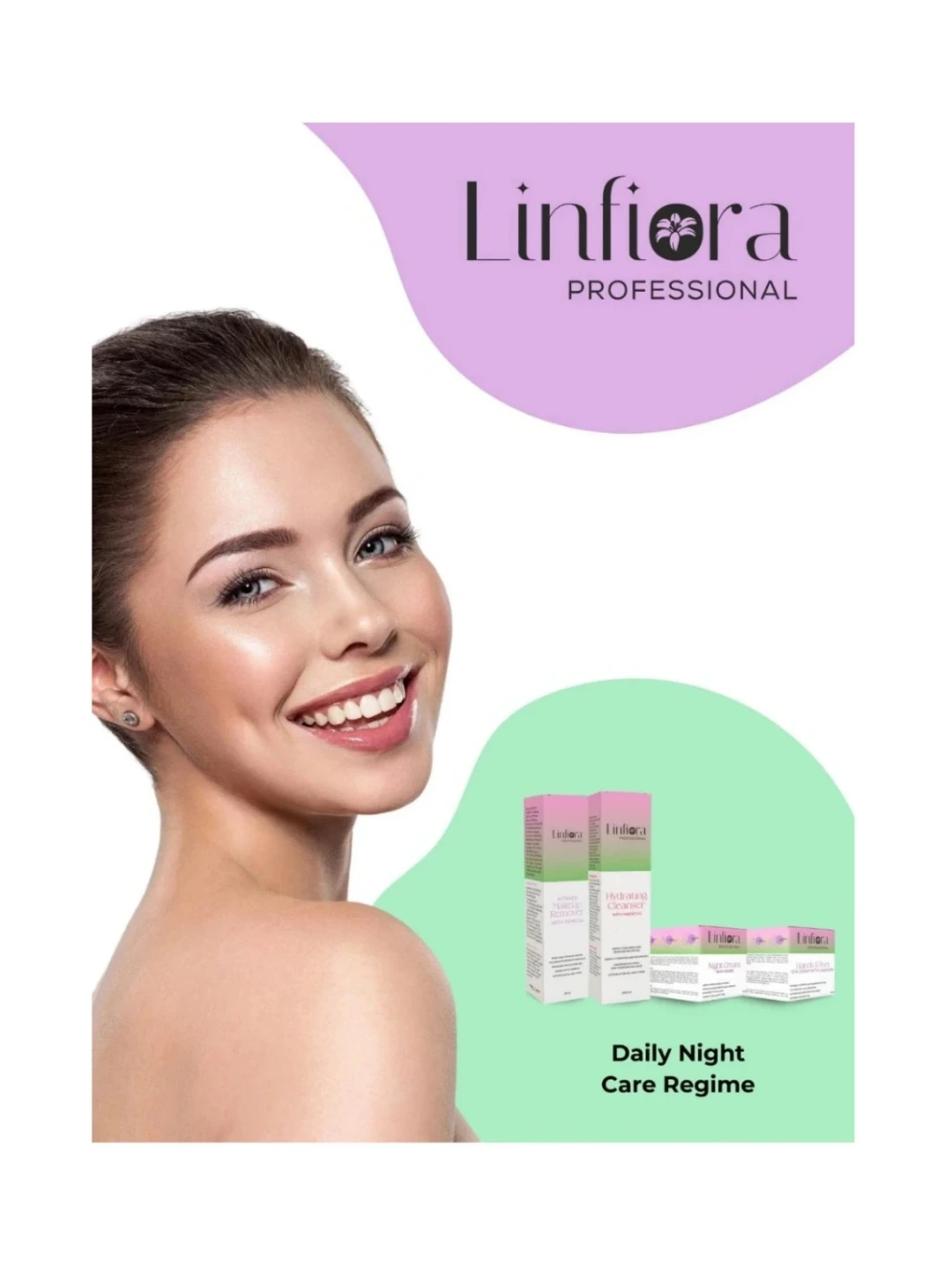 Promotional graphic for Linfiora Professional skincare featuring a smiling woman on the left, the brand name in a purple shape at the top right, and small product boxes labeled 'Daily Night Care Regime' on a mint green shape at the bottom right.