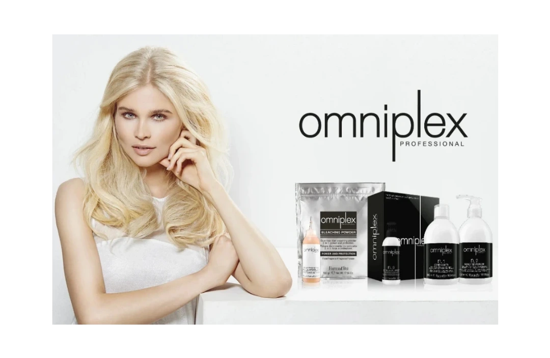 Woman with blonde hair next to Omniplex hair care products on a white background