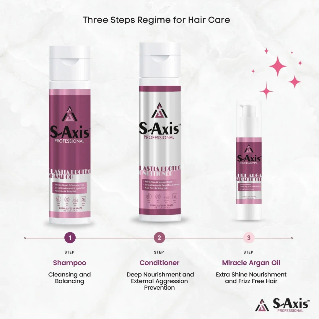 S-Axis Professional Three Steps Regime for Hair Care infographic showing Shampoo, Conditioner, and Miracle Argan Oil bottles with labels and descriptions on a light marble background.