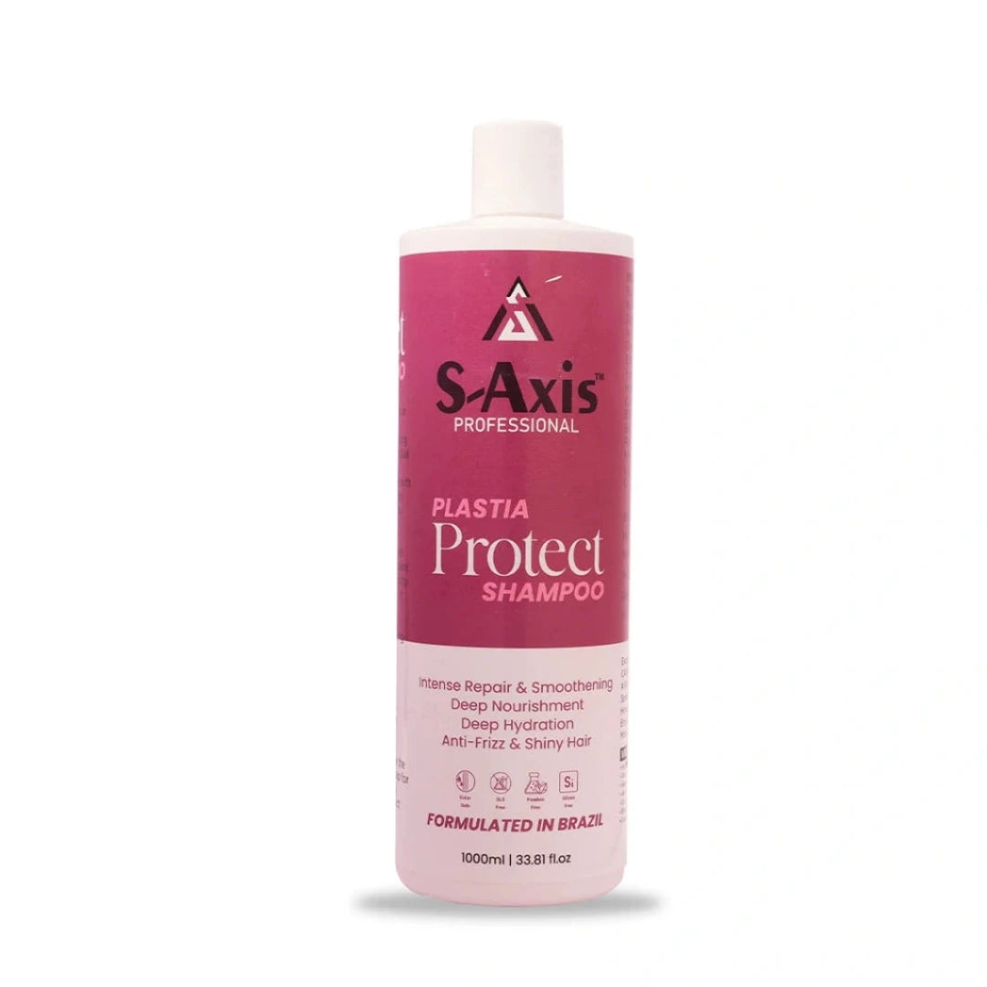 A 1000ml bottle of S-Axis Professional Plastia Protect Shampoo, featuring a pink and white label with a white cap, set against a plain white background.