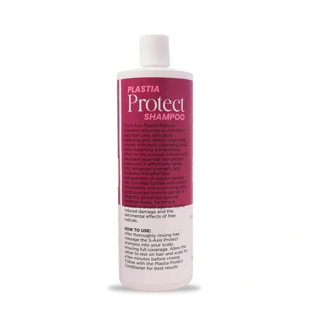 A bottle of Plastia Protect Shampoo with a white cap and a pink label, shown on a clean white background with a soft shadow.