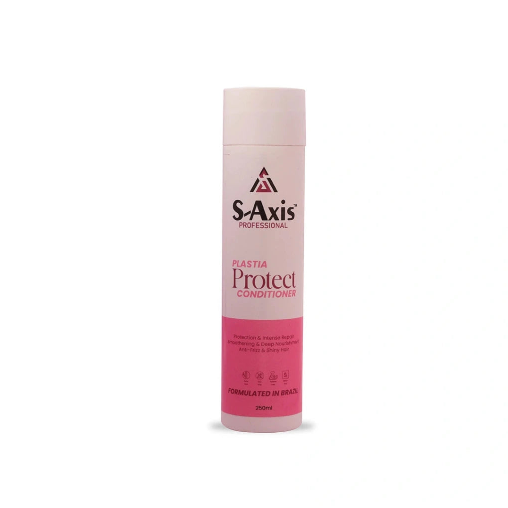 A 200ml bottle of S-Axis Professional Elastia Protect Conditioner, featuring a pale pink and white design with a vibrant pink lower section, set against a plain white background.