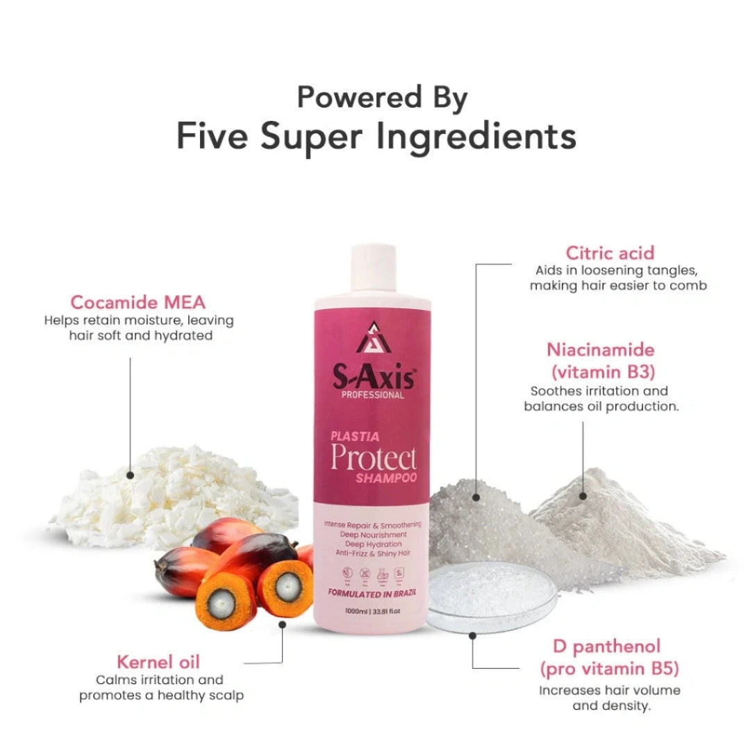 A promotional graphic for S'Axis Professional Puerta Protect Shampoo, featuring the pink bottle in the center with ingredient callouts and photos of natural ingredients around it on a white background.