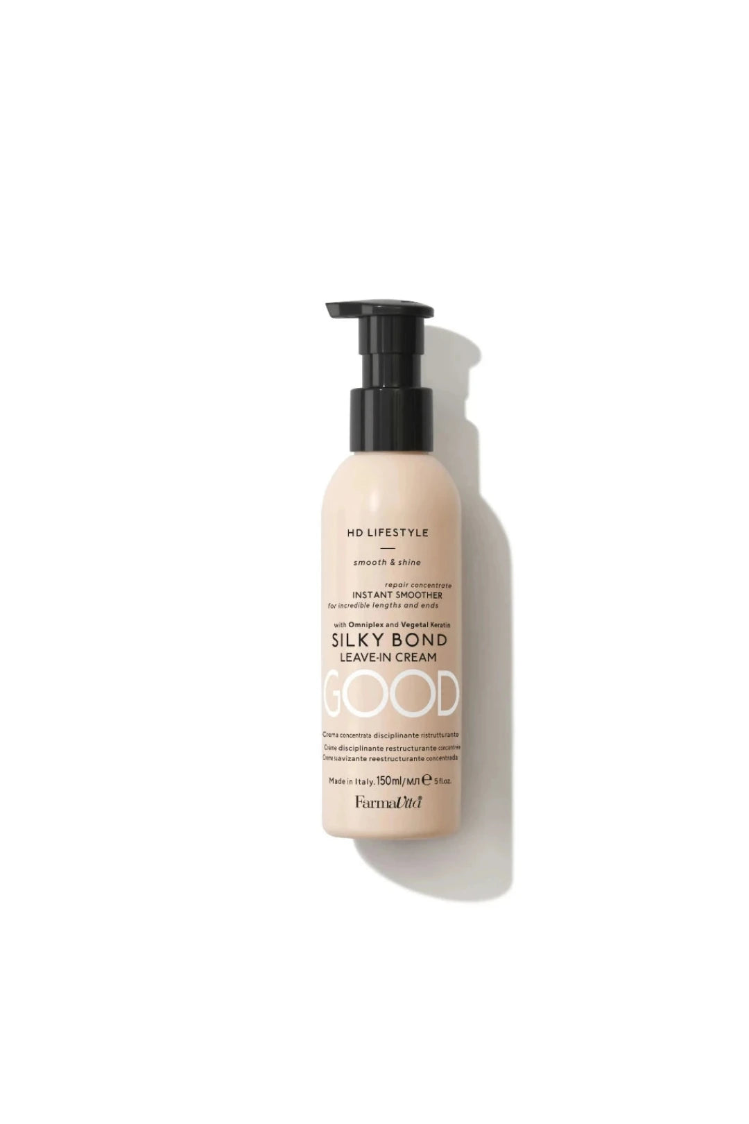 A bottle of No. Lifestyle Instant Repair Silkly Bond Leave In Cream in a light beige shade with a black pump dispenser, shown on a clean white background with a soft shadow.