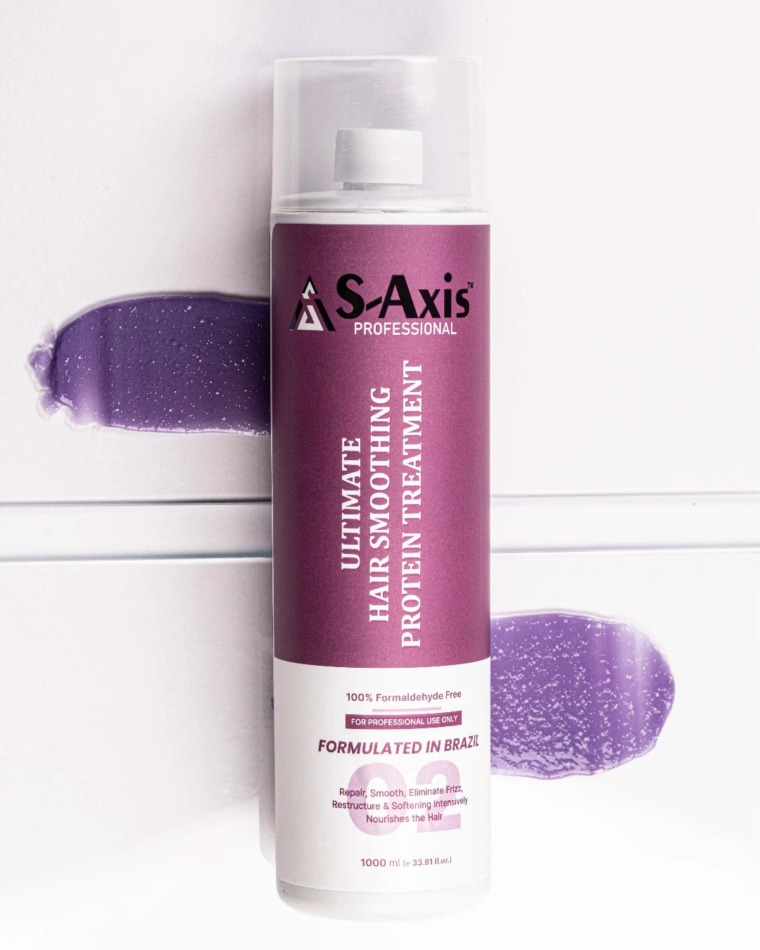A 1000 ml can of AS Axis Professional Ultimate Hair Smoothing Protein Treatment, shown against a white background with purple glittery swatches behind it.
