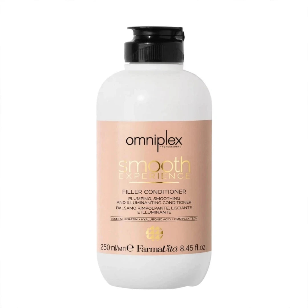 A bottle of omniplex Smooth Experience Filler Conditioner, 250 ml, featuring a white bottle with a black flip-top cap and a peach-colored label with gold lettering.
